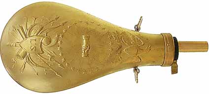 Powder Flask,
U. S. Model 1855
Peace & Friendship,
brass, with lanyard rings
accepts 10-1mm threaded spouts